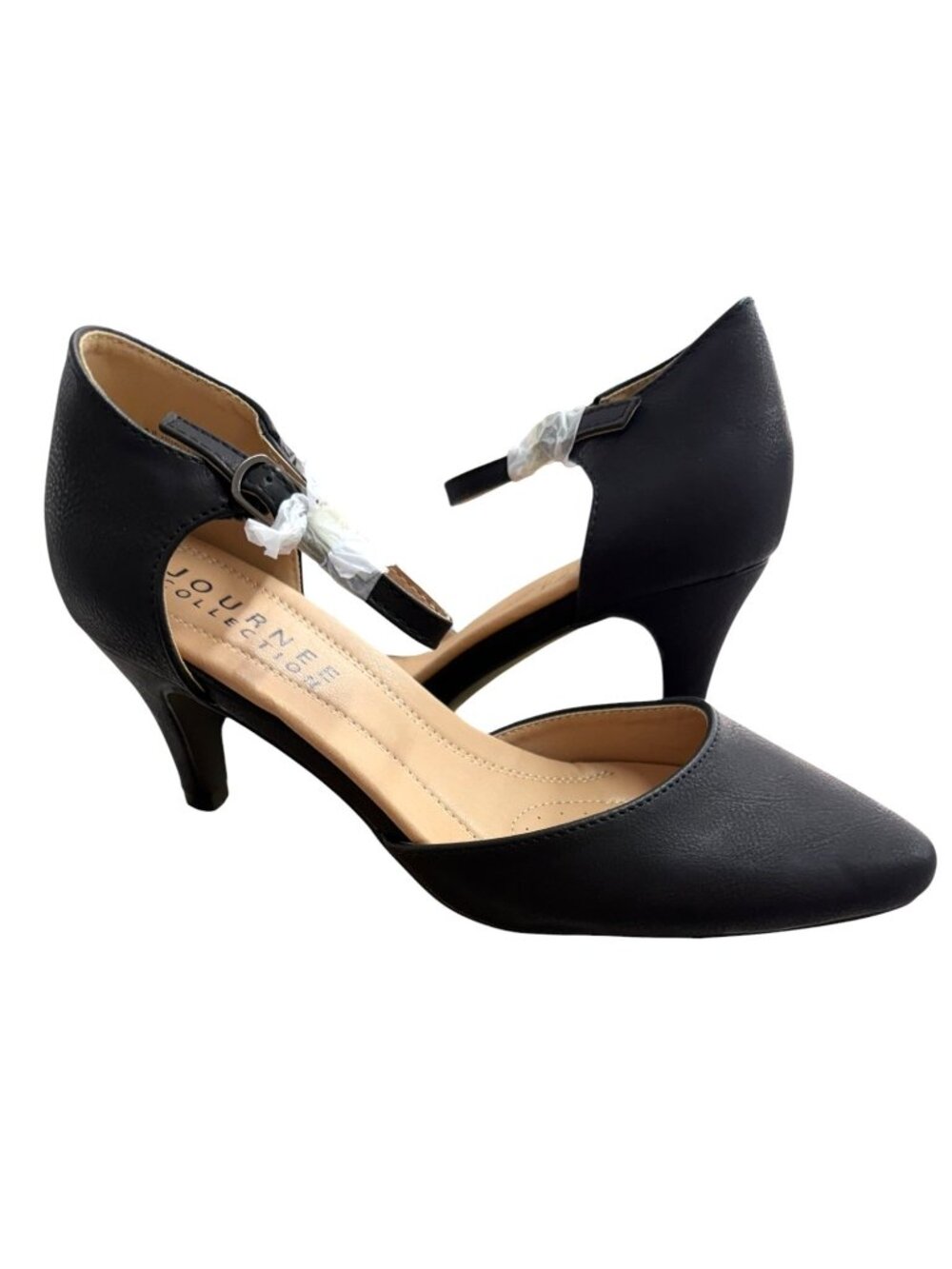 Journee Collection Womens Black Pointed-Toe Kitten Heel Pumps With Ankle Strap S